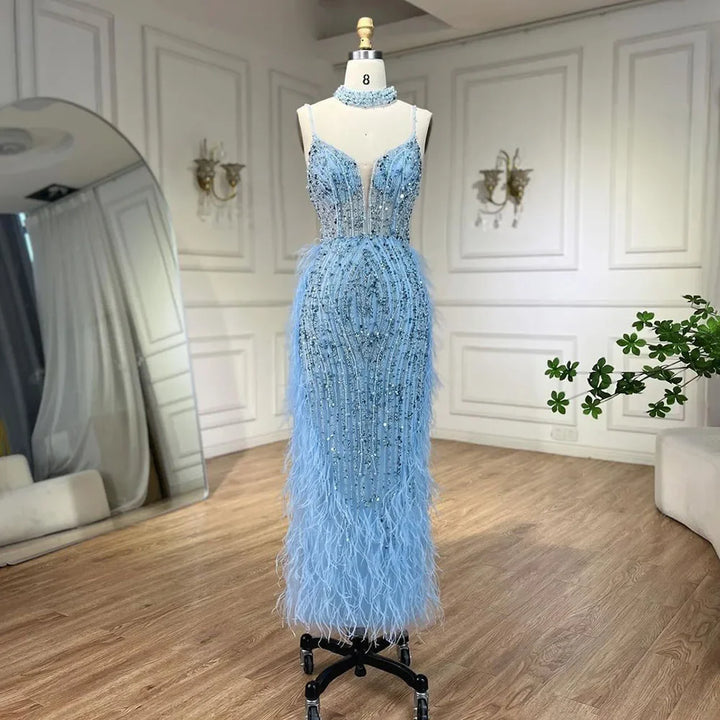 Serene Hill Customized White Nude Mermaid Beaded Feather Evening Gowns 2026 Wedding Party Prom Dresses For Women DLA72047