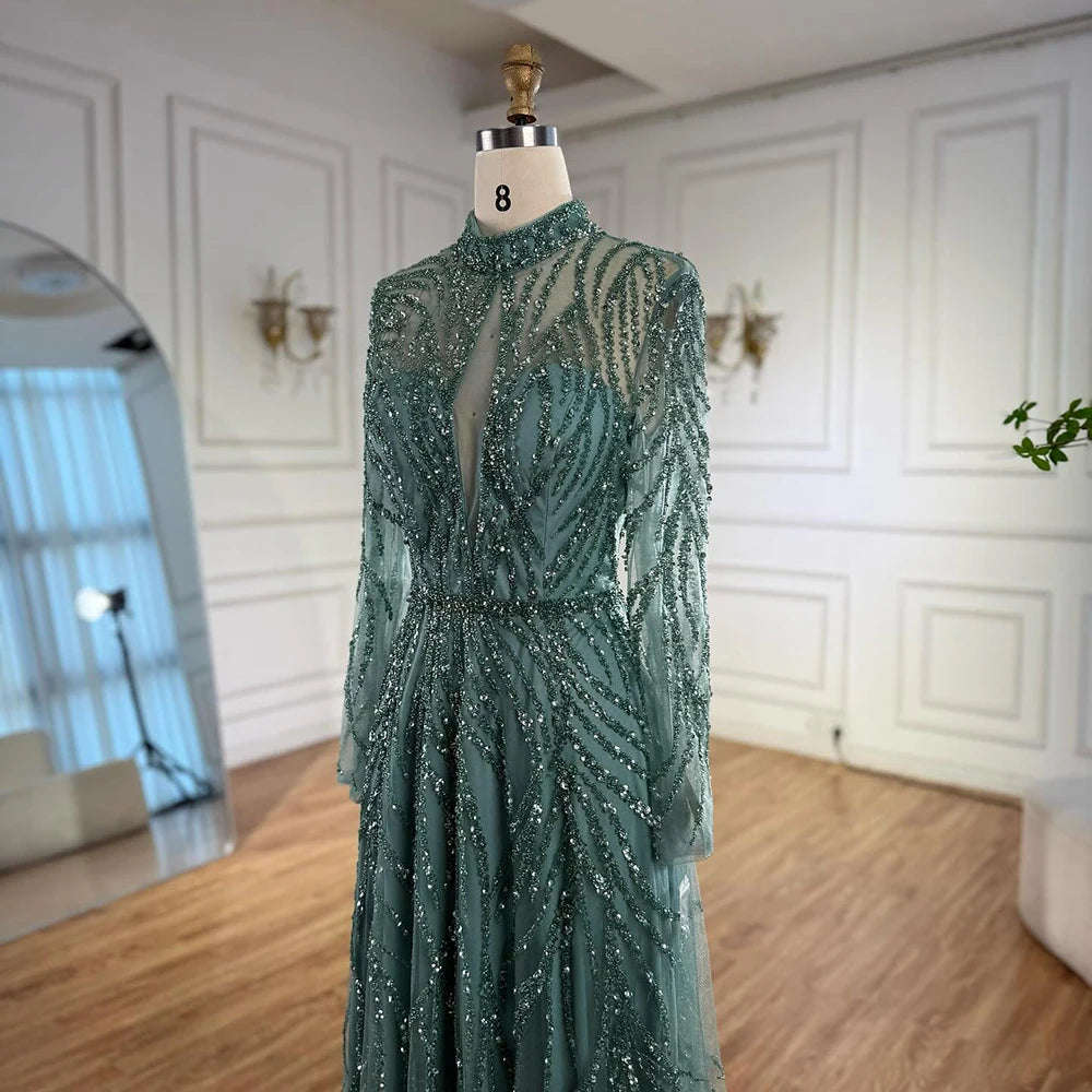 Zapdress Customized Elegant Turquoise A Line Evening Dress with High Neck Beaded Design for Women Formal Party Gown DLA71682A (ZD17384)