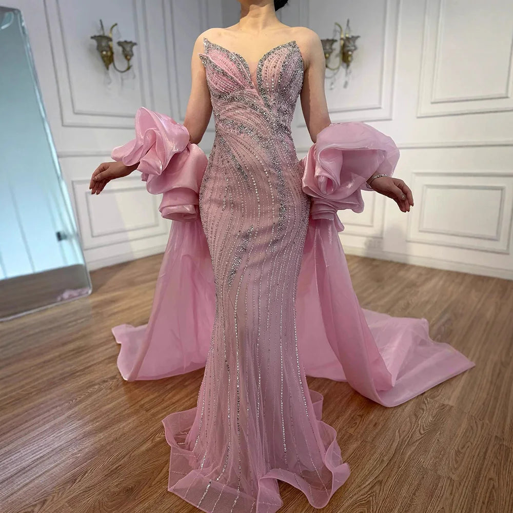 Serene Hill Pink Strapless Mermaid Beaded Evening Dresses with Cape Elegant Party Gowns for Women Customized DLA72896