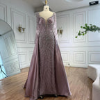 Zapdress Customized 2026 High-end Beaded Blue Long Sleeves Evening Dress with Overskirt Satin Party Gowns for Women (ZD17332)