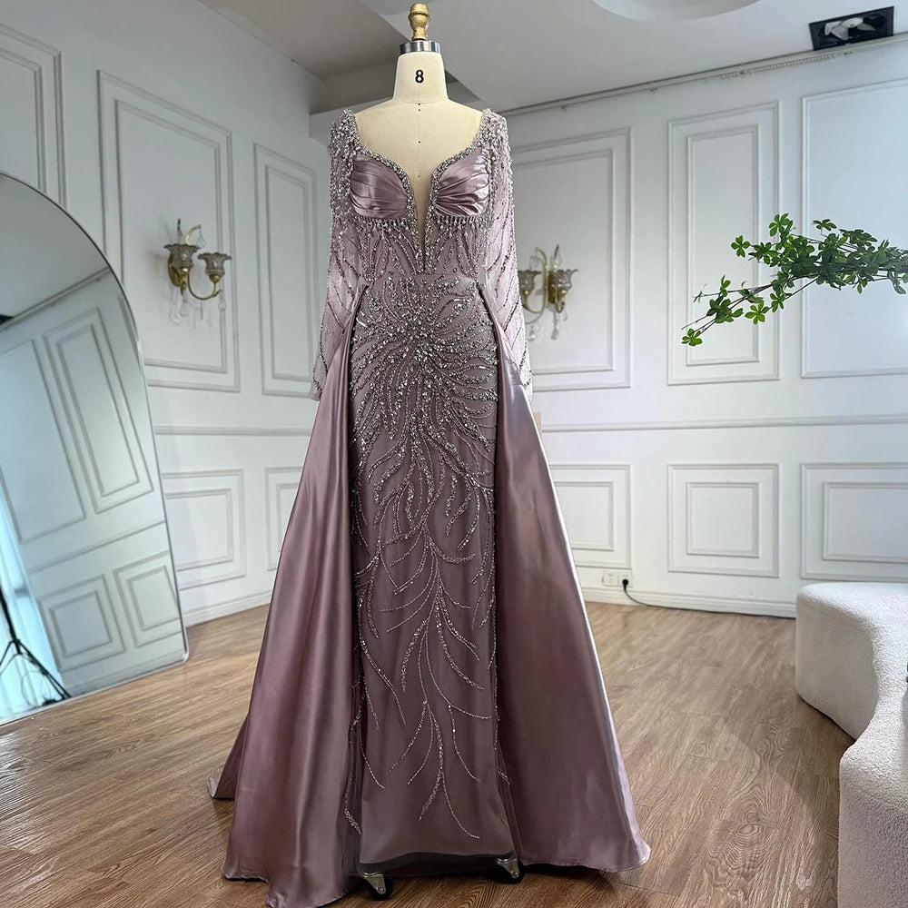 Zapdress Customized 2026 High-end Beaded Blue Long Sleeves Evening Dress with Overskirt Satin Party Gowns for Women (ZD17332)