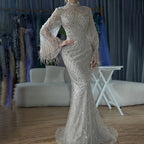 Customized 2025 Dubai Green Grid Cut Out Lace Beaded Feathers Sleeves Elegant Dresses Gowns for Formal Occasion DLA72394A
