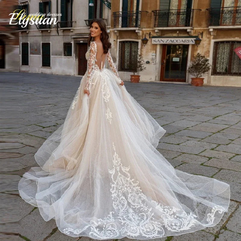 Customized Bride Dress Mermaid Detachable 2 In 1 Wedding Dress Lace  O-Neck Fullsleeve Vestido De Novia