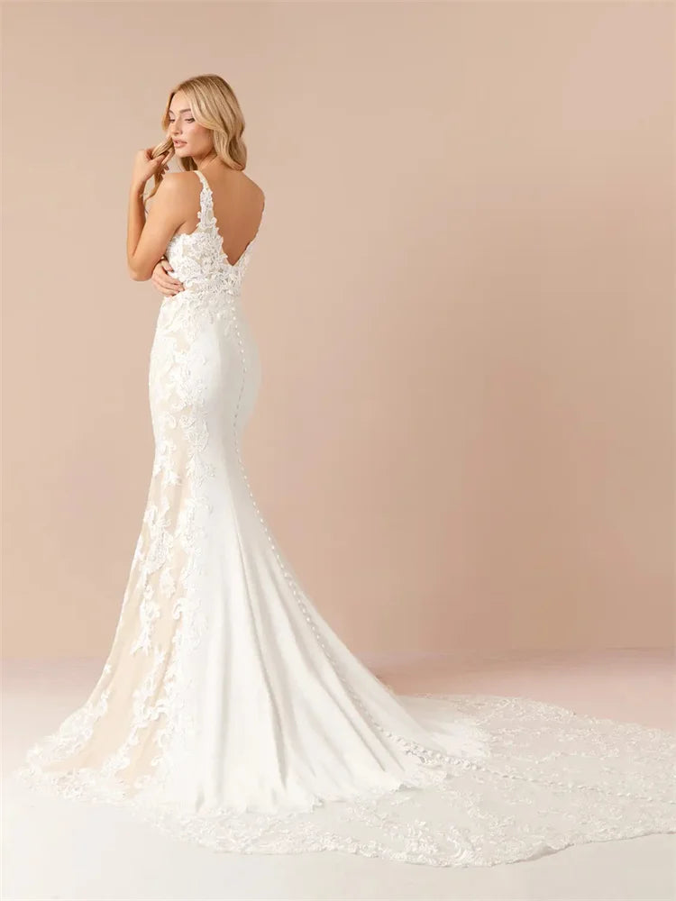 Customized Thin Straps Sweetheart Neckline Satin Mermaid Wedding Dress Sexy Zipper Back Floor Length Sweep Train Gown For Women