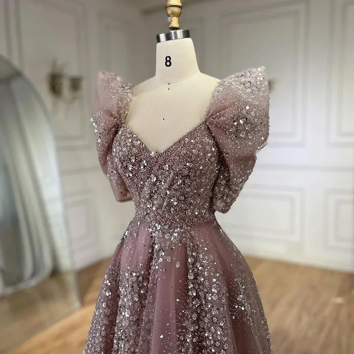 Serene Hill Customized 2024 Pink A Line Beaded Evening Dresses Dubai Arabic Elegant Party Gown for Women Wedding Event DLA72447