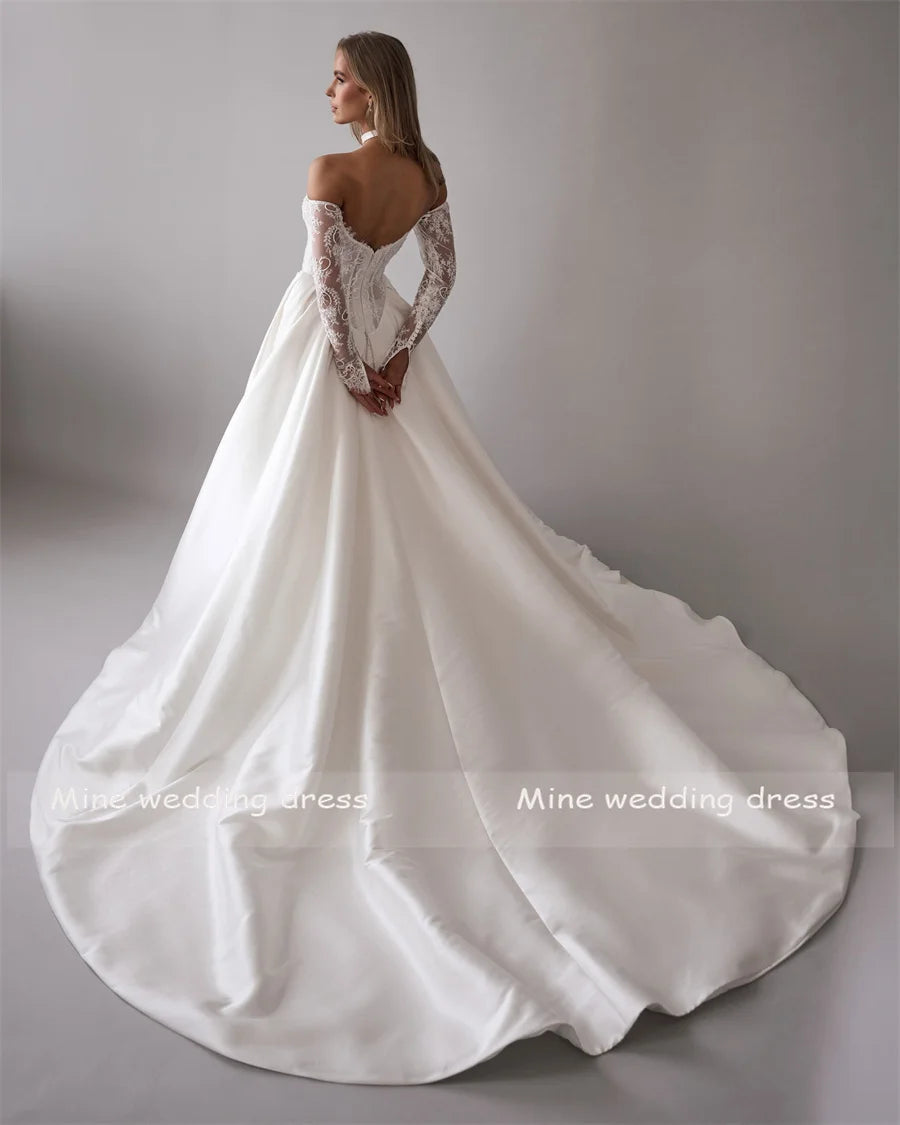 Customized Lace For Sweetheart And 3/4 Sleeve A-Line Satin Skirt Wedding Dress Backless Zipper Bridal Gown Robe De Mariée
