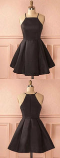 A-Line Square Neck Short Satin Black Homecoming Dress with Pleats S414 by simplepromdress