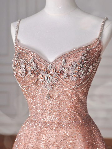 Glitter Pink Tulle Sequins Beaded Prom Dress Spaghetti Straps A Line Evening Dress Y8619