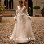 Princess Wedding Dress Customized Puff Sleeves Illusion Back Buttons Applique Sweep Train Vestido De Noiva Bridal Gown