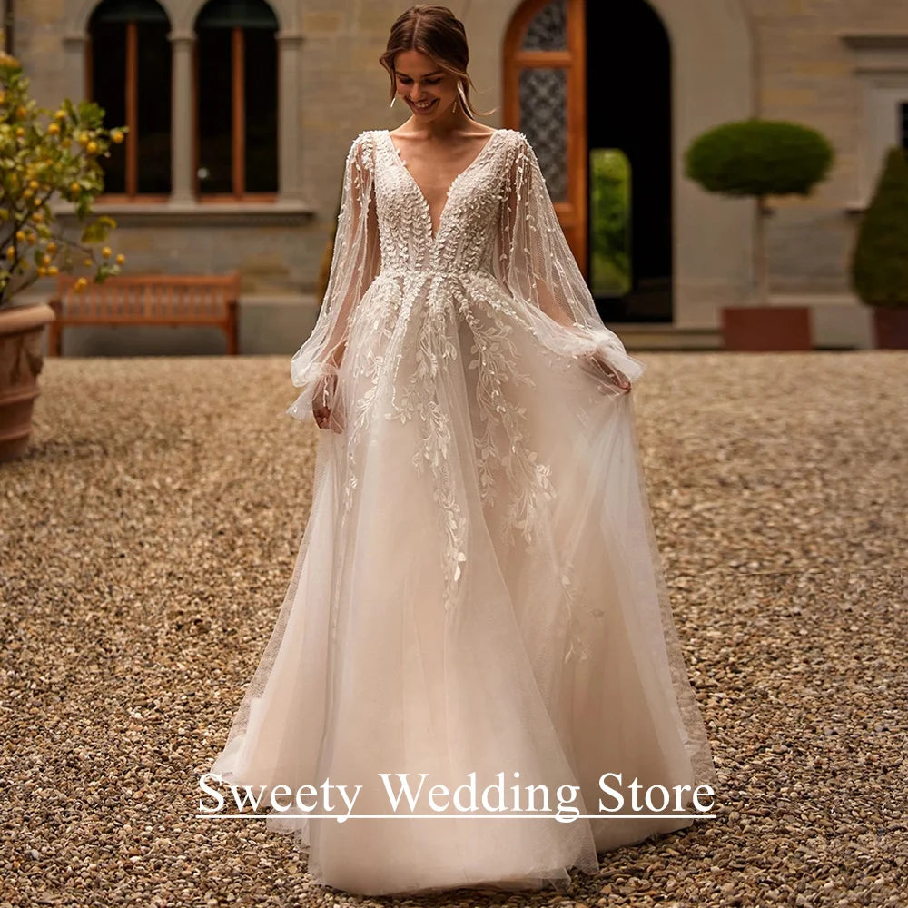 Princess Wedding Dress Customized Puff Sleeves Illusion Back Buttons Applique Sweep Train Vestido De Noiva Bridal Gown