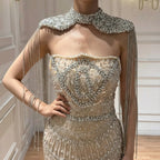 Zapdress Luxury Beaded Mermaid Evening Dress Elegant Crystal Tassel Cape Celebrity Party Gown Vestidos Customized DLA73450A (ZD17347)