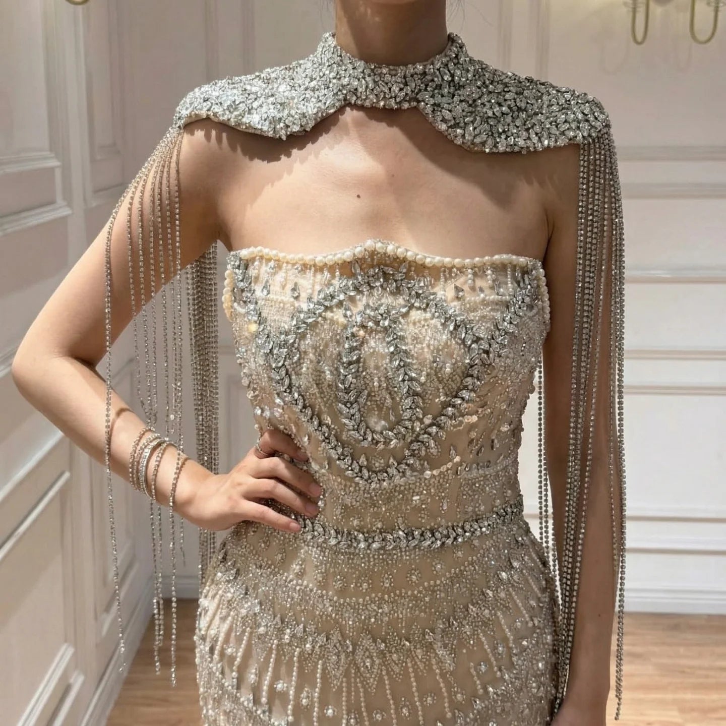 Zapdress Luxury Beaded Mermaid Evening Dress Elegant Crystal Tassel Cape Celebrity Party Gown Vestidos Customized DLA73450A (ZD17347)