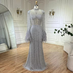 Serene Hill Nude High Neck Long Sleeves Feathers Mermaid Beaded Evening Dress Party Gowns for Women DLA72394 Customized
