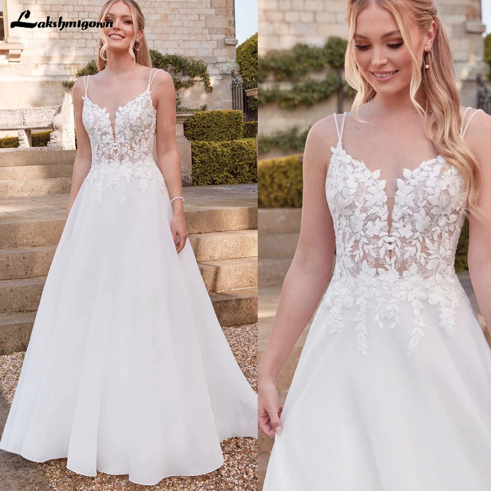 ZapDress Vintage Wedding Dresses for Bride Spathetti Straps V-neck Illusion Lace Appliques Robe De Mariee Customized