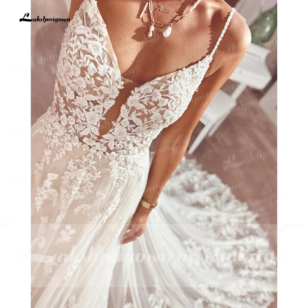 ZapDress Lace Wedding Dresses V Neck Appliqued Bridal Gowns Vestido de novia Court Train Boho Wedding Gowns Customized