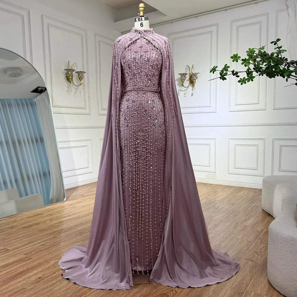 Serene Hill Pink Long Sleeves High Neck Muslim Mermaid Beaded Evening Party Gown Dress with Cape for Women DLA72533 Customized