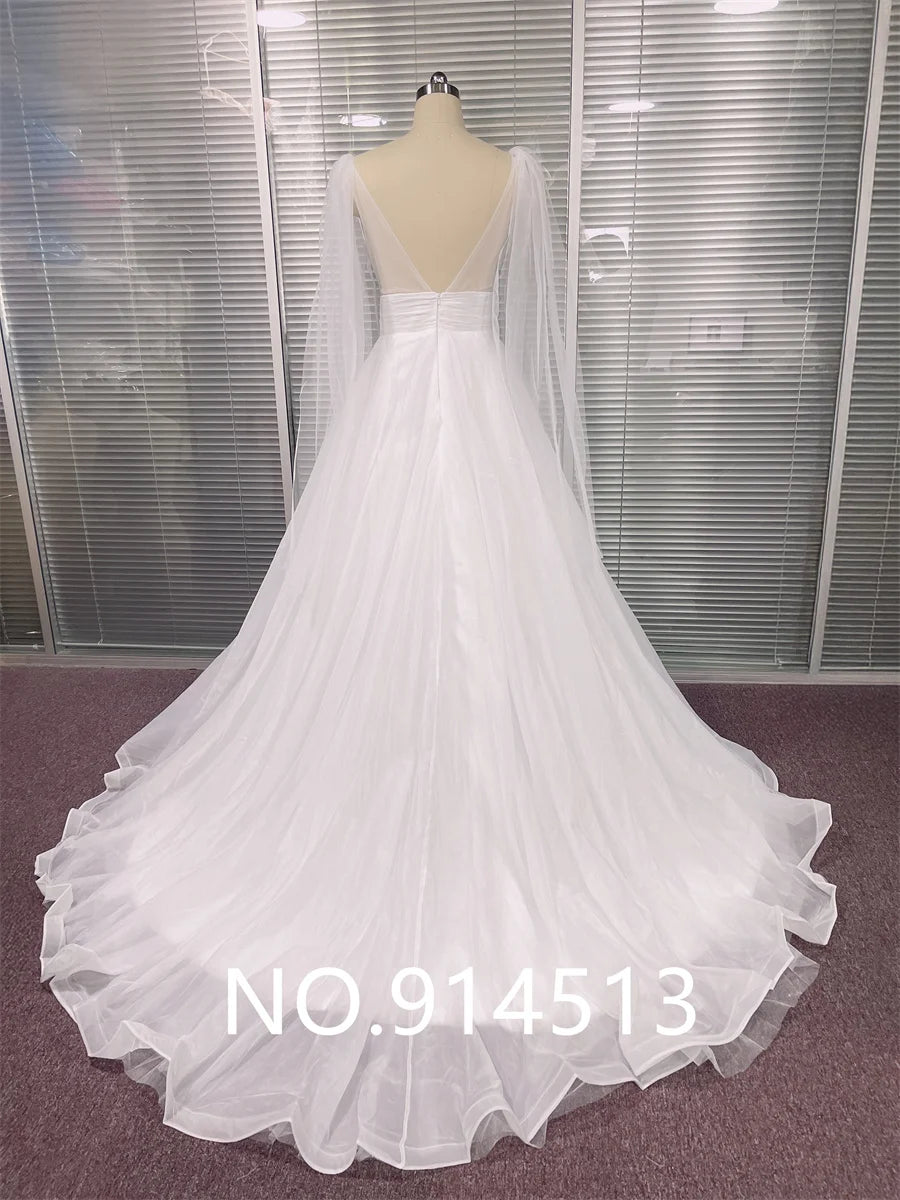 Customized Classic Deep V-neck Organza and Tulle Plus Size Wedding Dress Sexy Backless Court Bridal Gowns