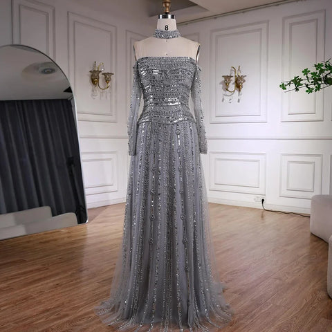 Luxury Caramel Off Shoulder Beaded Mermaid Evening Dress Long Sleeves LA73053