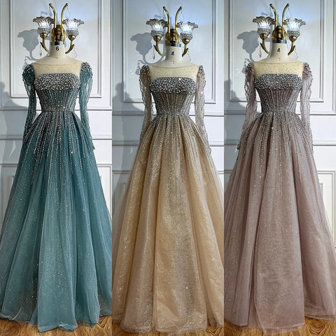Luxury Caramel Sparkly A-Line Evening Dress with Long Sleeves LA72991