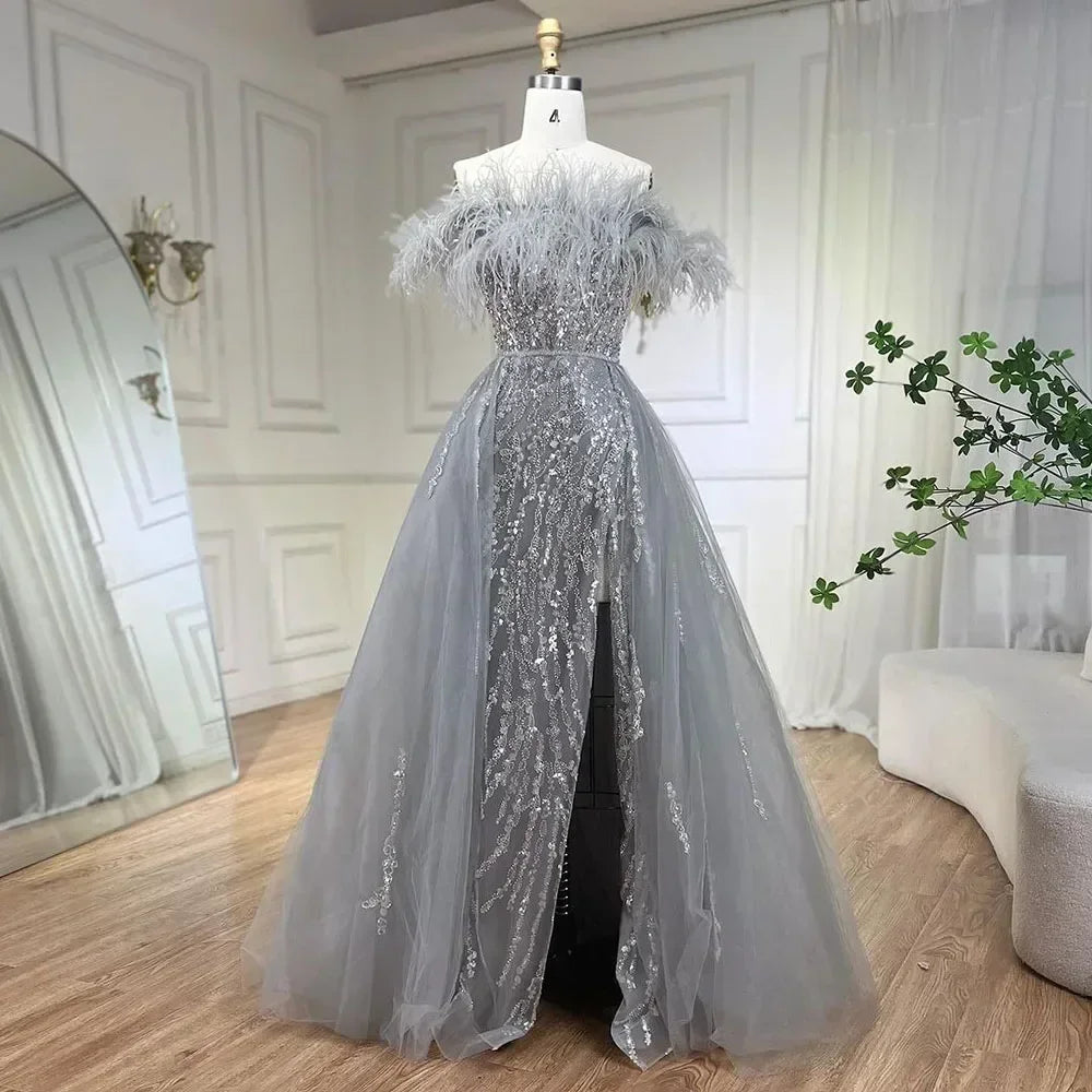 Serene Hill Yellow Feathers Beaded Mermaid Evening Dresses with Overskirt Side Slit Party Gowns for Women DLA72061 Customized