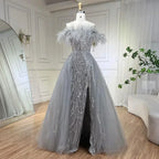 Serene Hill Yellow Feathers Beaded Mermaid Evening Dresses with Overskirt Side Slit Party Gowns for Women DLA72061 Customized