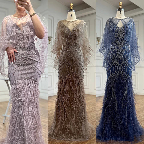 Luxury Caramel Feather Beaded Mermaid Evening Dress LA71866