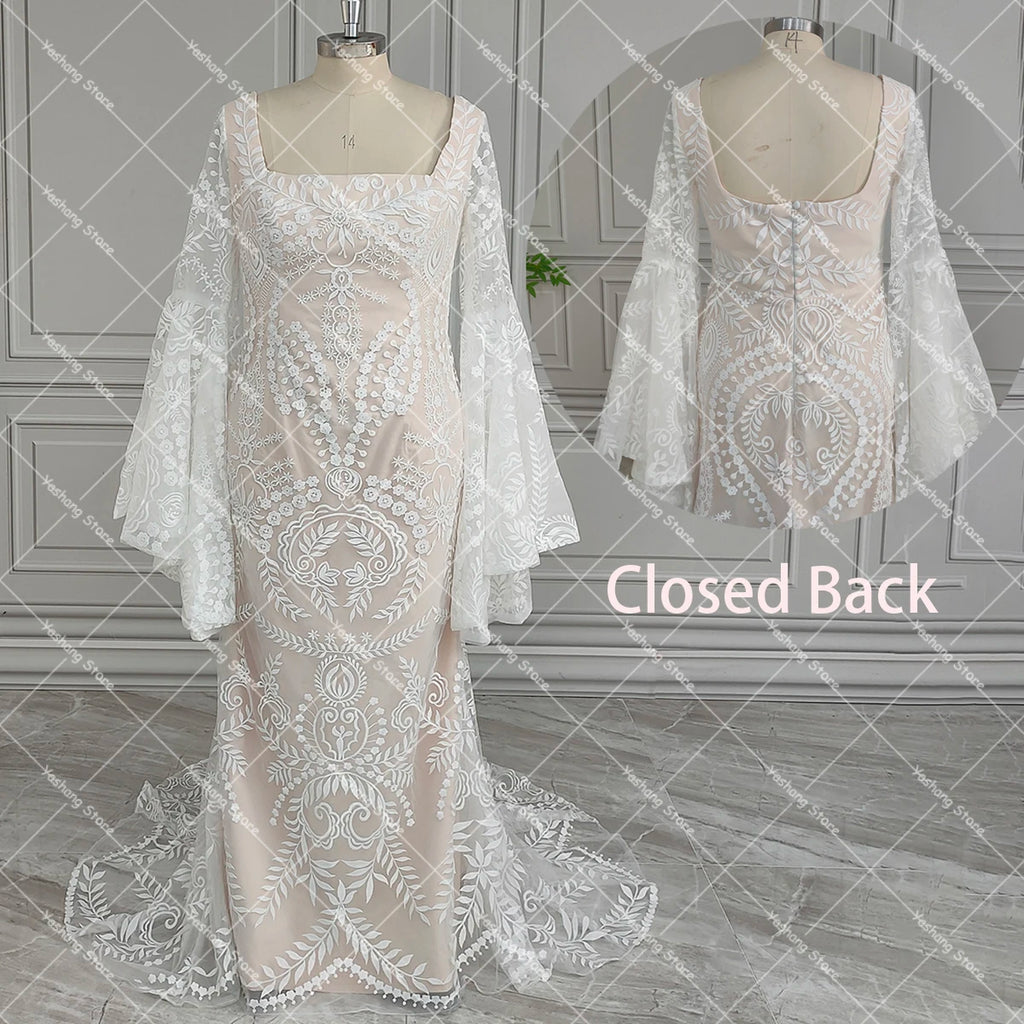 Boho Long Batwing Sleeves Lace Wedding Dress Drop Ship Customized Mermaid Rustic Beach 2026 Square Neck Open Back Bridal Gowns