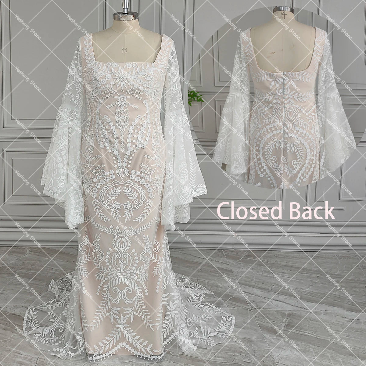 Boho Long Batwing Sleeves Lace Wedding Dress Drop Ship Customized Mermaid Rustic Beach 2026 Square Neck Open Back Bridal Gowns
