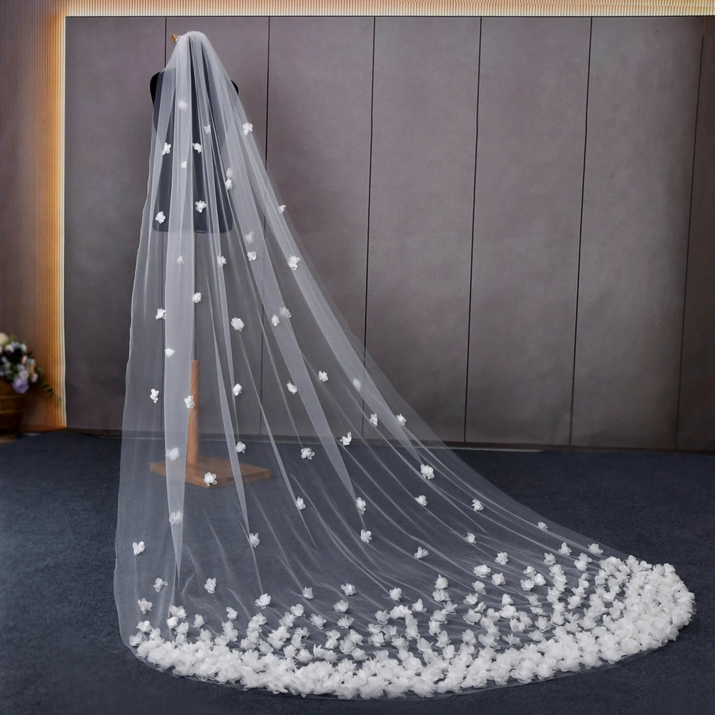 3D Tulle Flower Cathedral Bridal Veil Train Soft Tulle Wedding Veil with Comb White Ivory for Wedding Ceremony Photography G93