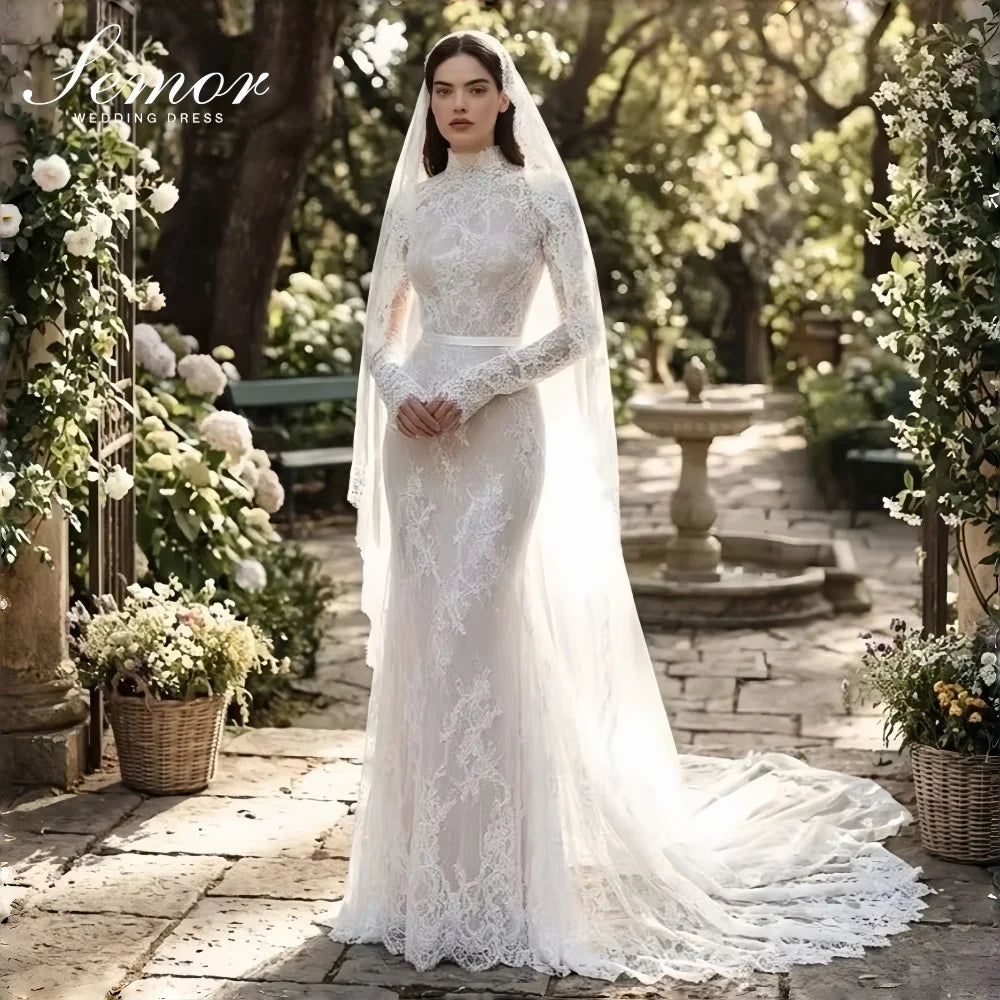 Semor Exquisite Lace High Neck Full Sleeve Wedding Dress Customized 2026 Trumpet Lace Applique Long Robe De Mariée Sweep Train