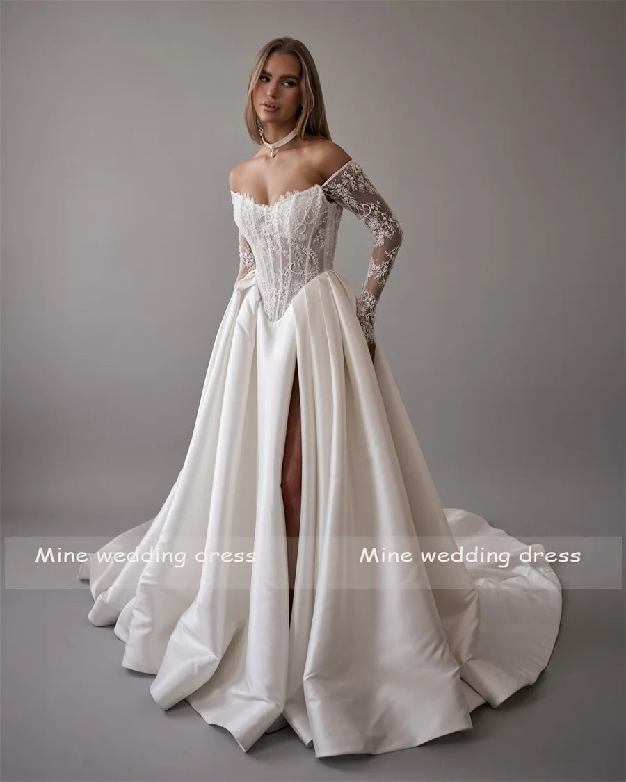 Customized Lace For Sweetheart And 3/4 Sleeve A-Line Satin Skirt Wedding Dress Backless Zipper Bridal Gown Robe De Mariée
