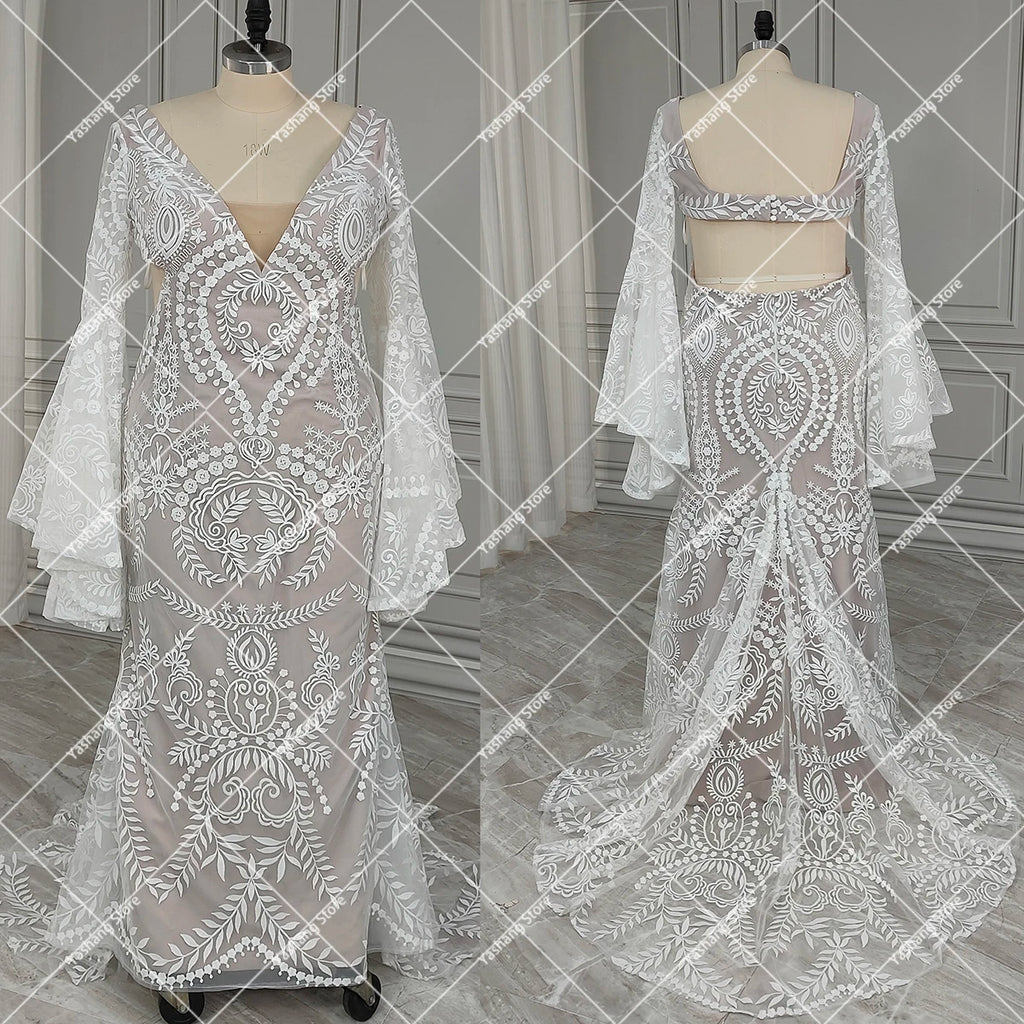 Boho Long Batwing Sleeves Lace Wedding Dress Drop Ship Customized Mermaid Rustic Beach 2026 Square Neck Open Back Bridal Gowns