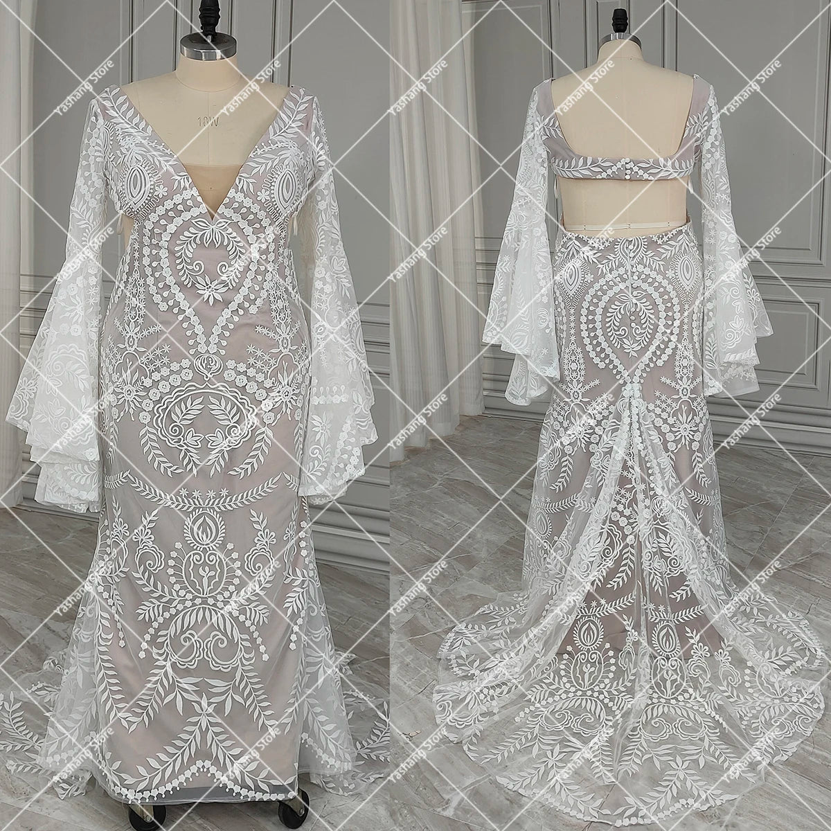 Boho Long Batwing Sleeves Lace Wedding Dress Drop Ship Customized Mermaid Rustic Beach 2026 Square Neck Open Back Bridal Gowns