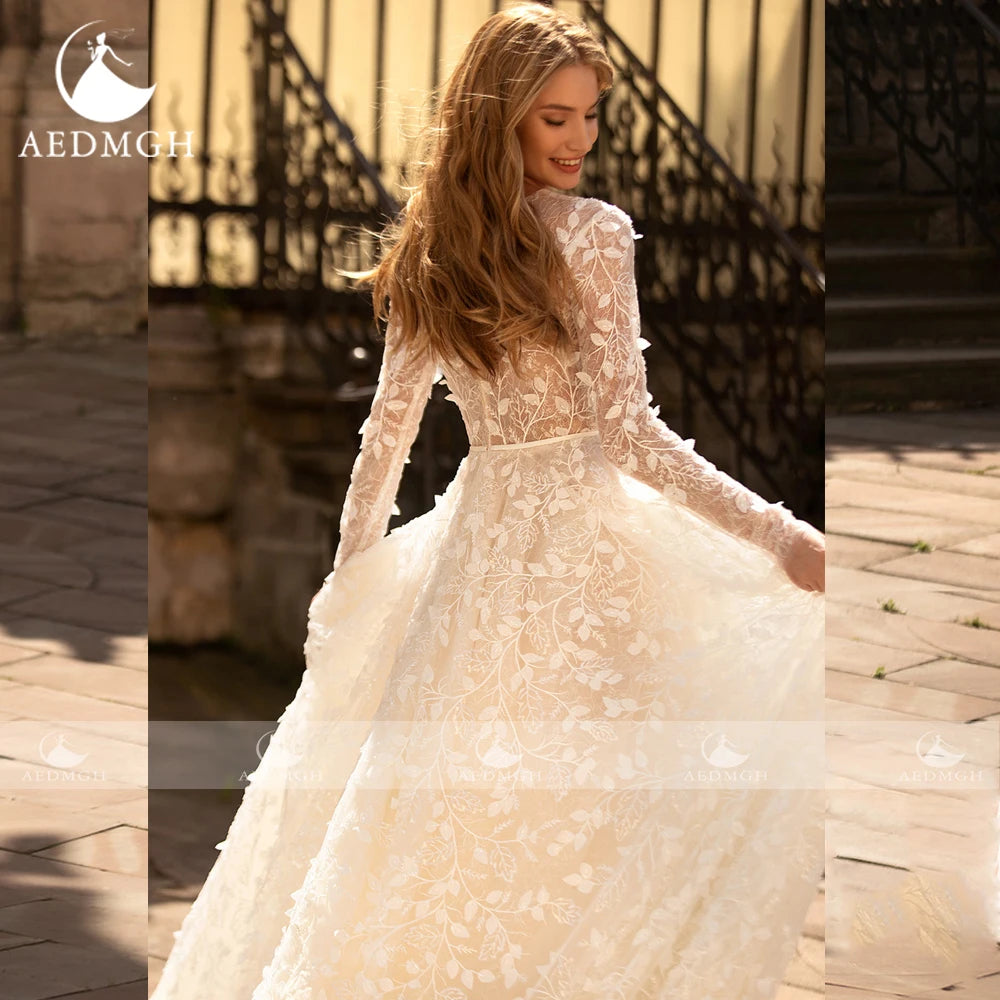 Aedmgh A-Line Boho Wedding Dresses O-Neck Long Sleeve Vestido De Novia Lace Appliques Pearls Sequined Custom Made Bridal Gown