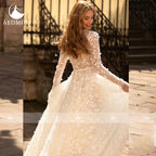 Aedmgh A-Line Boho Wedding Dresses O-Neck Long Sleeve Vestido De Novia Lace Appliques Pearls Sequined Custom Made Bridal Gown