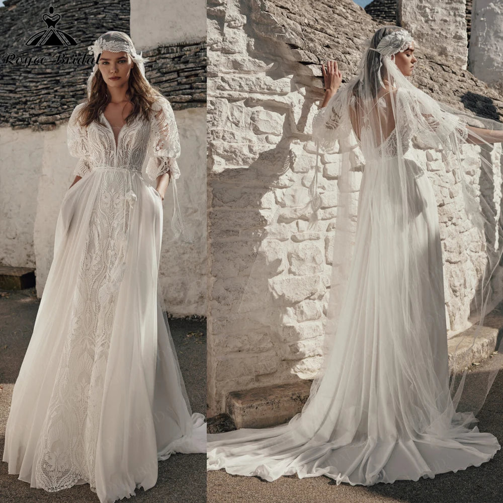 Roycebridal Bohemian Lace & Chiffon A-Line Wedding Dress Puff Sleeves Pockets Bridal Gown Vestido De Novia Boda 2026 Customized