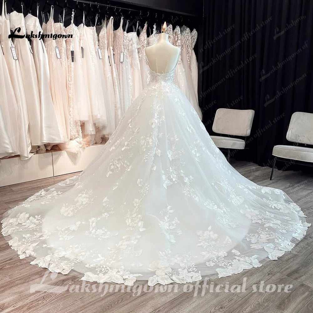 ZapDress Luxury Spaghetti Straps Lace Women Sweetheart Neck Wedding Dress for Bride Champagne Wedding Gown Vestidos Para Boda