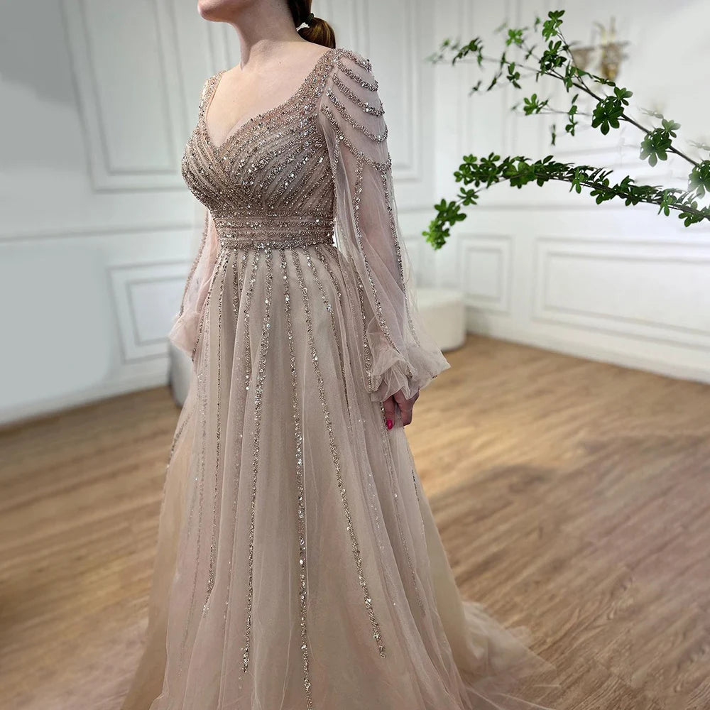 Zapdress Customized Navy Long Sleeves A-Line Beaded Arabic Evening Dresses Gowns 2024 For Women Wedding Party (ZD17328)