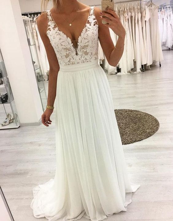 White v neck lace chiffon long prom dress white lace evening dress S4622 Hover Image