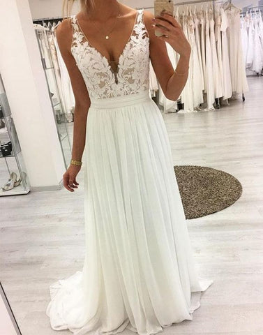 White v neck lace chiffon long prom dress white lace evening dress S4622
