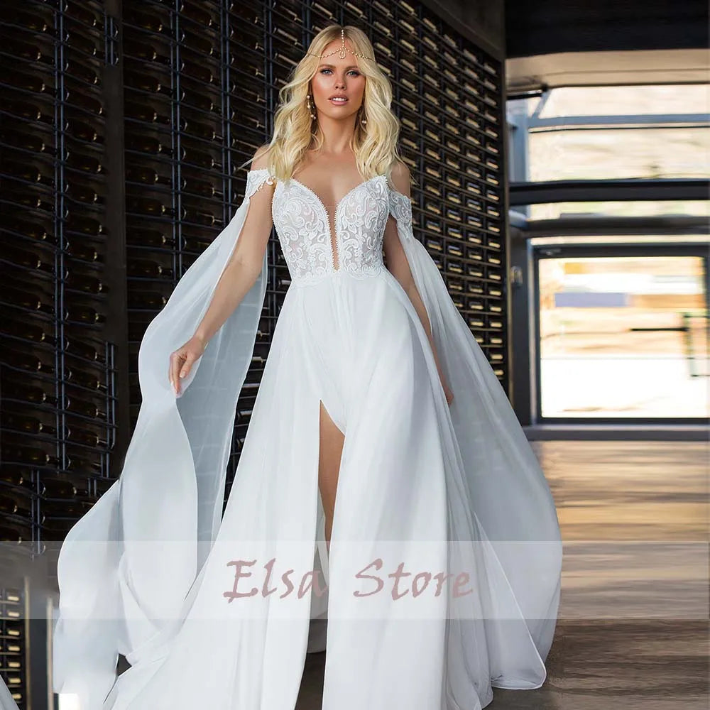 Beach Wedding Dresses Sexy V-Neck Spaghetti Straps High Side Slit Bride Dress 2025 Lace Appliques Beaded Ribbons Bridal Gown New