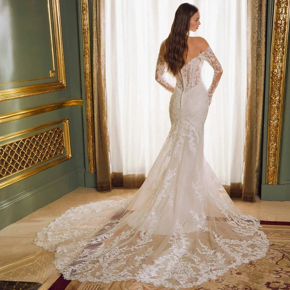 Customized Off Shoulder Mermaid Wedding Dress Lace Appliques Sweetheart Long Sleeves Bridal Gown Princess Vestidos De Novia
