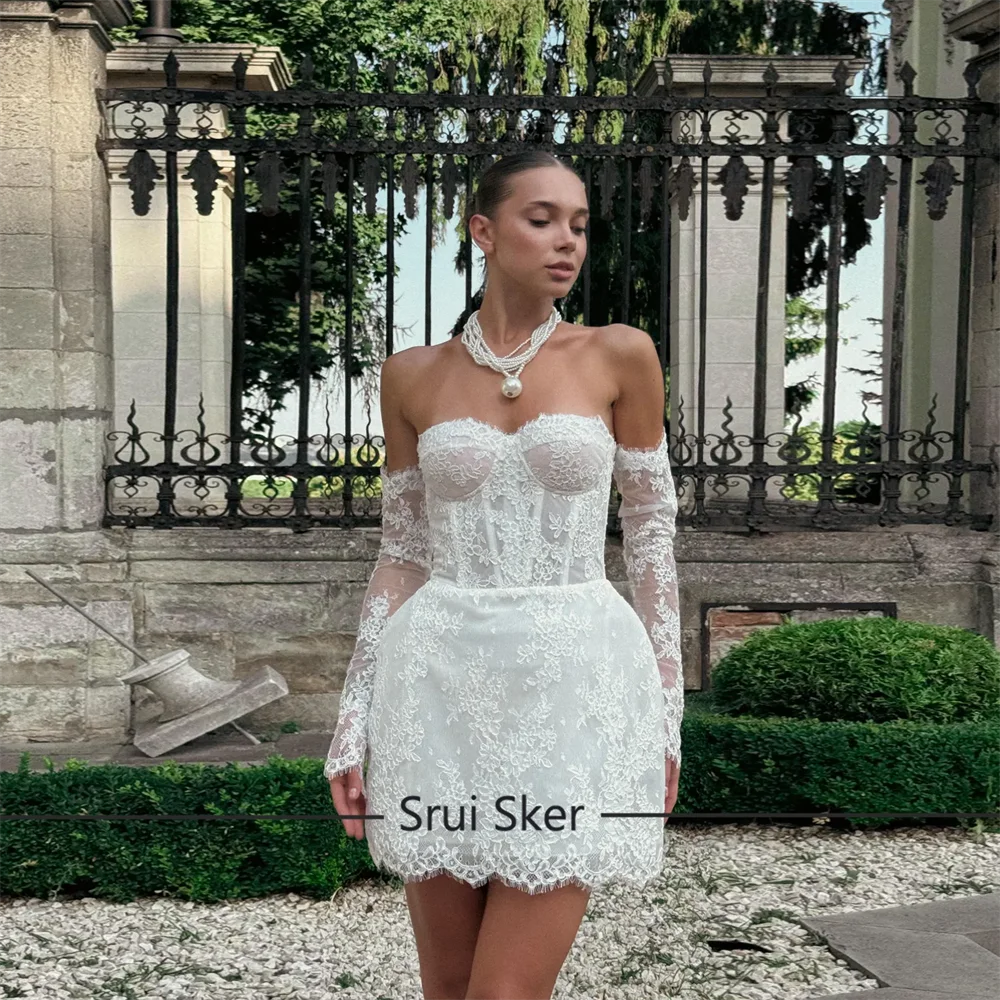 Glamorous A Line Wedding Dress Lace Strapless Removeable Sleeves Celebrate Bridal Gown Short Vestidos De Novia Customized
