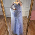 Serene Hill White Nude Mermaid Evening Dresses with Cape Beaded Feathers Party Gowns for Formal Occasion Customized DLA72882