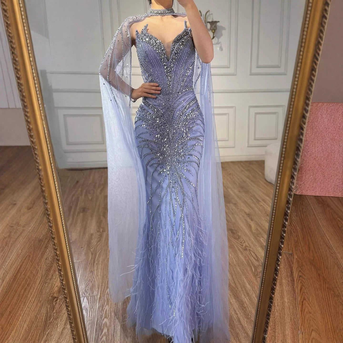 Serene Hill White Nude Mermaid Evening Dresses with Cape Beaded Feathers Party Gowns for Formal Occasion Customized DLA72882