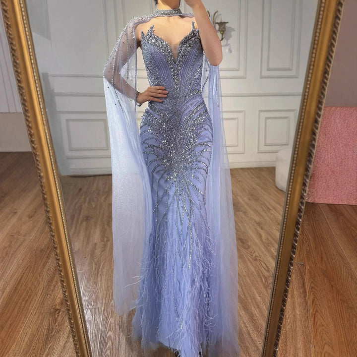 Serene Hill White Nude Mermaid Evening Dresses with Cape Beaded Feathers Party Gowns for Formal Occasion Customized DLA72882