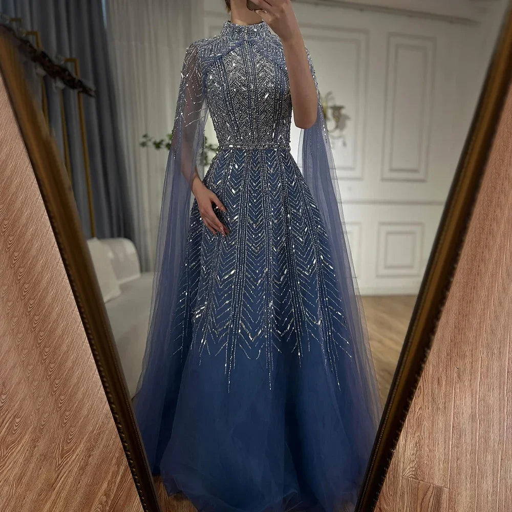 Serene Hill Customized 2025 Blue Beaded A-Line Cape Sleeves Formal Evening Dresses Elegant Party Gowns for Women DLA72728