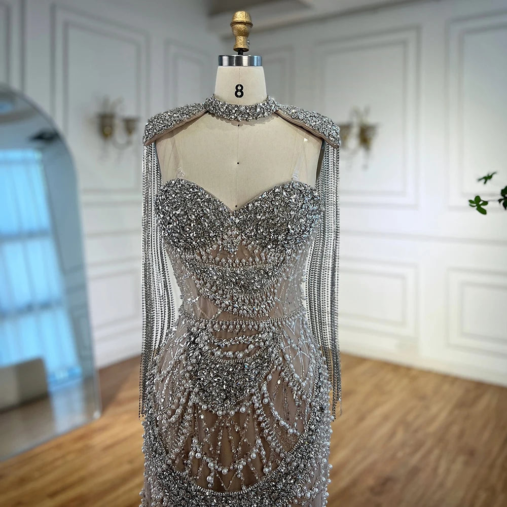 Zapdress Nude Strapless Mermaid Pearls Beaded Evening Gowns Luxury Party Dress with Tassel DLA72876 Customized (ZD17335)