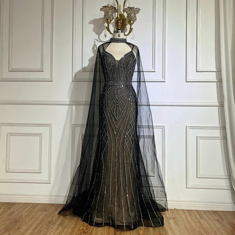 Zapdress 2025 Customized Dubai Caramel Mermaid Arabic Evening Dresses with Beaded Cape Sleeves for Party (ZD17351)