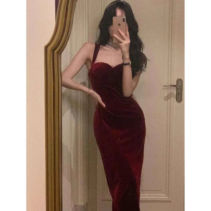 New Summer Women Vintage Sleeveless Velvet Dress Female Spaghetti Strap Sexy Bodycon Dress Ladies Elegant Evening Dress Y1654 by simplepromdress